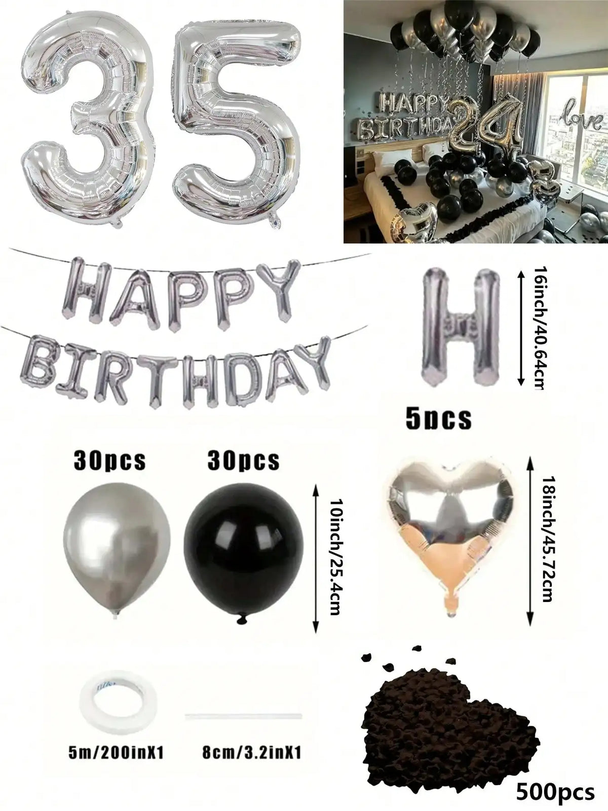 A kit featuring oversized silver foil numbers, balloons, and heart-shaped balloons for birthday decorations.