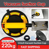 A yellow vacuum suction cup lifter with a black handle and mounting plate is shown, along with various components.
