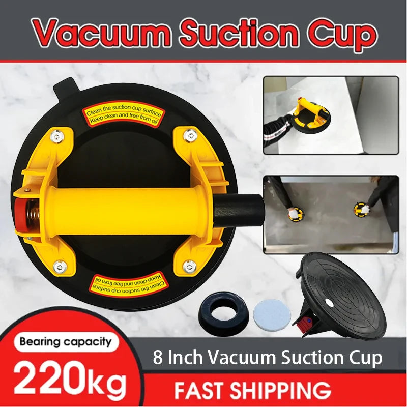 A yellow vacuum suction cup lifter with a black handle and mounting plate is shown, along with various components.