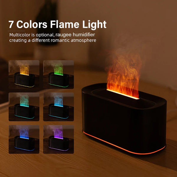 A black aroma essential oil flame light diffuser displaying seven different colors of flame light.