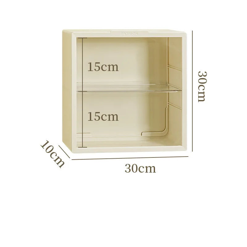 A light beige wall-mounted dustproof display case with two separate compartments.