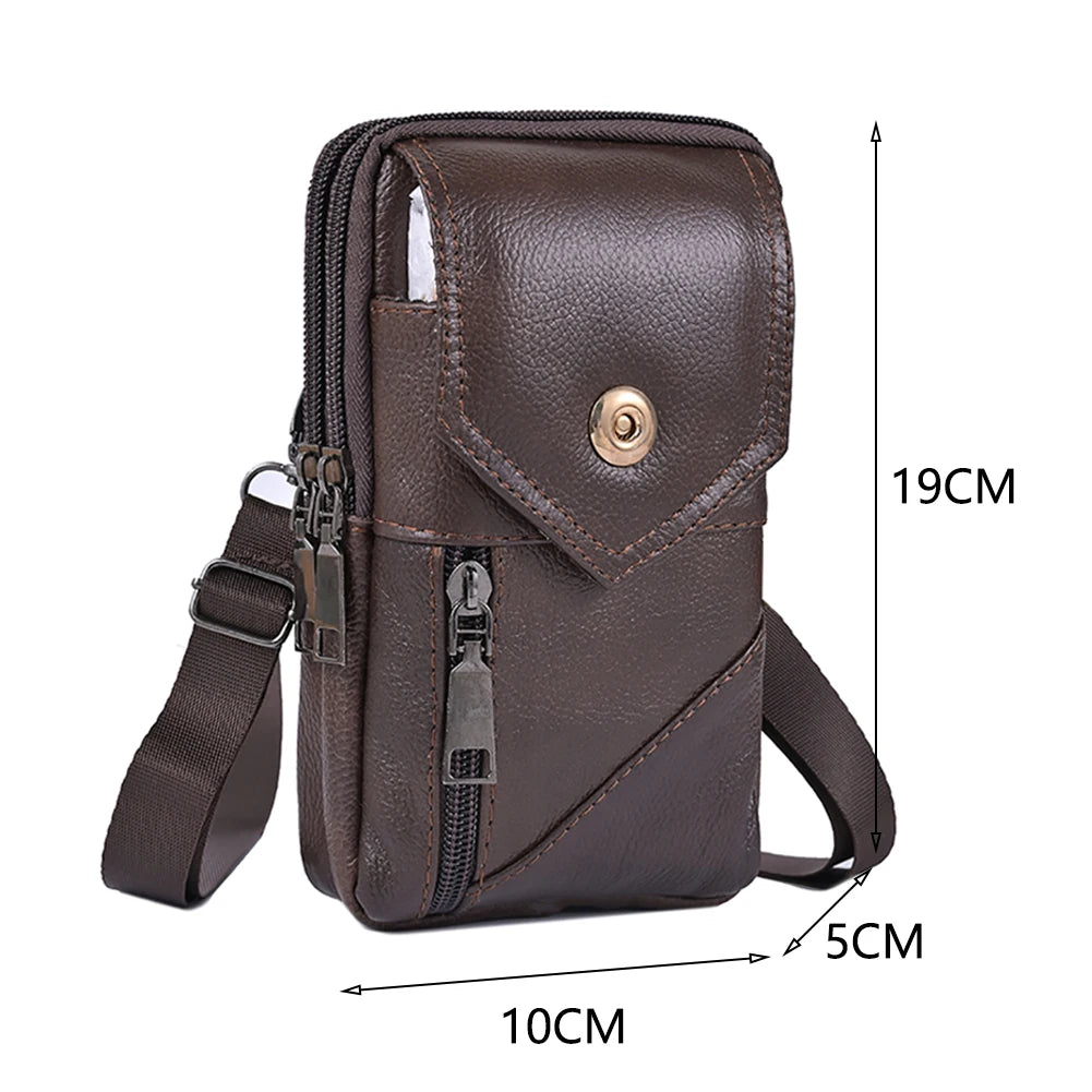 A dark brown vintage genuine cowhide leather crossbody sling bag shown with dimensions.