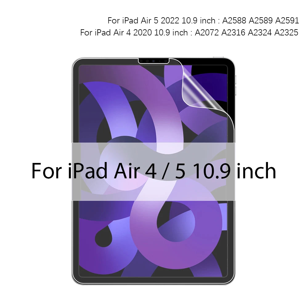 A screen protector for an iPad Air 4 or 5 model showing a purple and blue abstract design.
