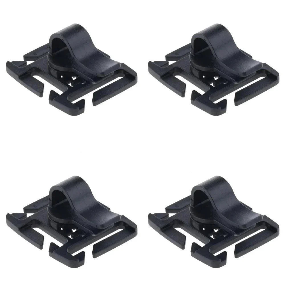 Black rotatable hydration tube clip designed for securing tubes to backpacks.