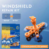 A repair kit for windshield damage showing before and after results, featuring orange filler and tools.