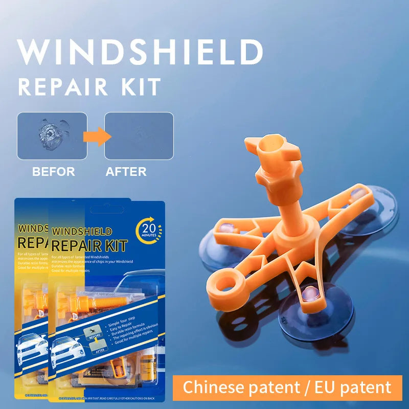 A repair kit for windshield damage showing before and after results, featuring orange filler and tools.