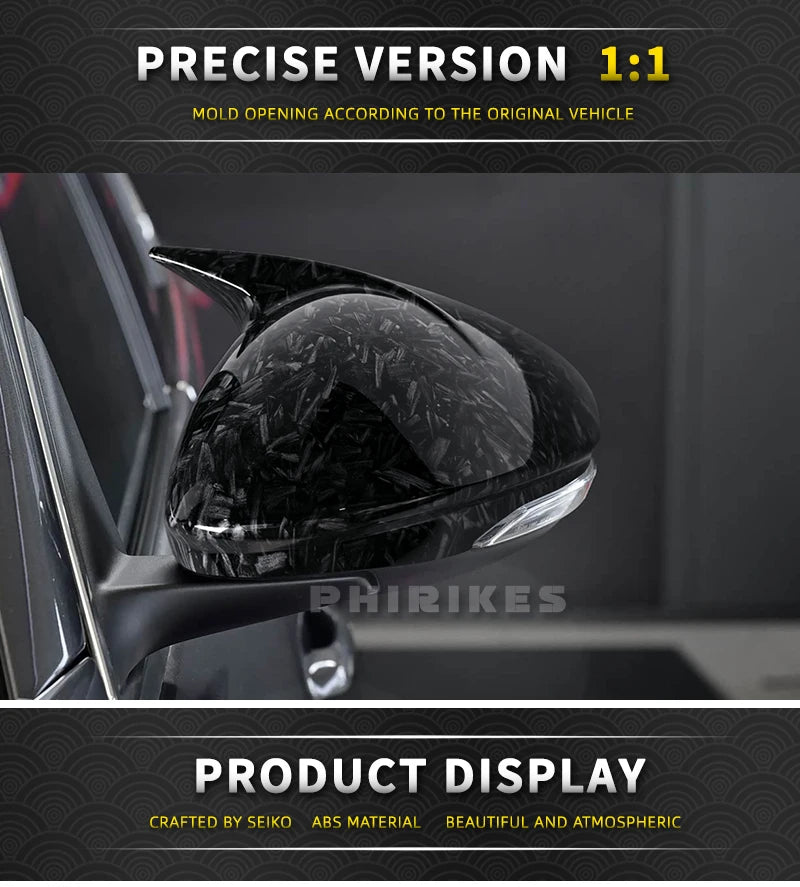 Gloss black mirror covers for an Alfa Romeo Stelvio or Giulia vehicle, showing a precise 1:1 mold opening.