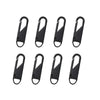 A set of eight black universal metal zipper sliders or replacement parts.