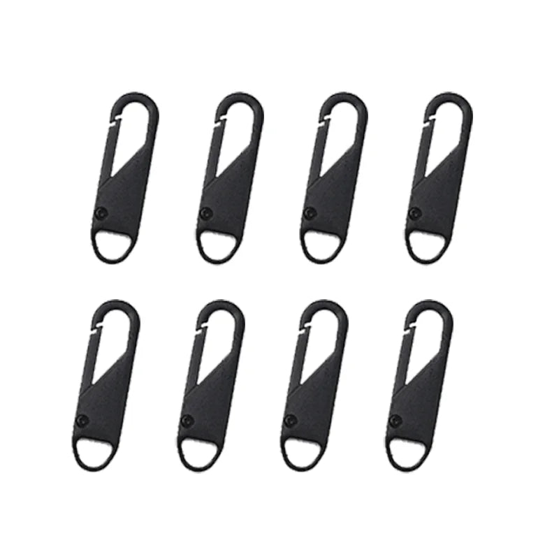 A set of eight black universal metal zipper sliders or replacement parts.