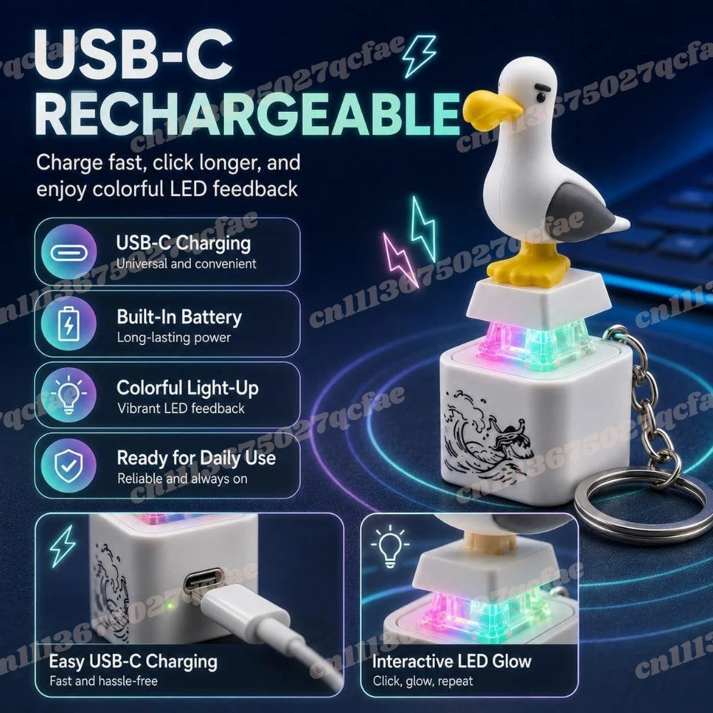 A white seagull figure keychain featuring a rechargeable LED light and USB-C charging port.