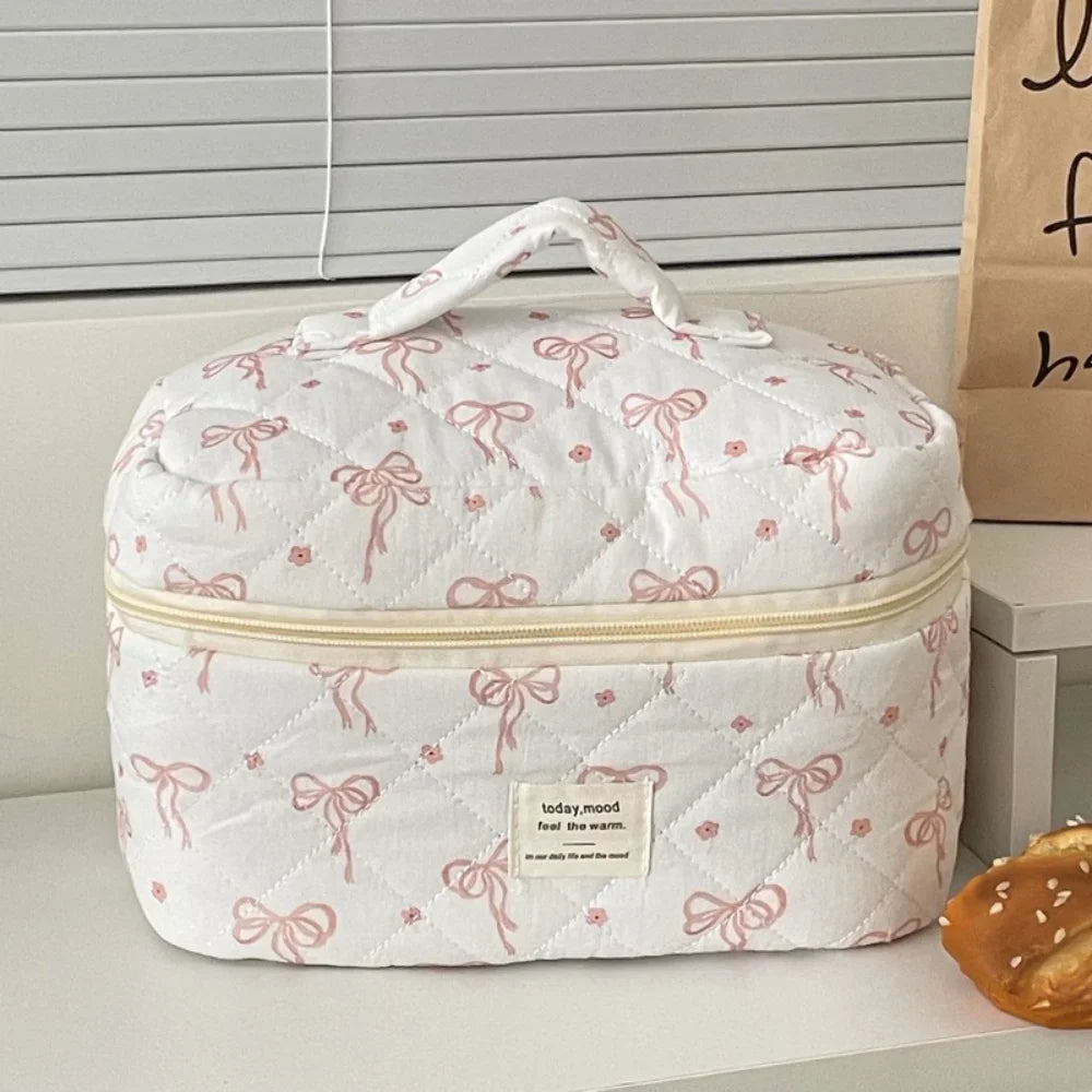 Pink Bow Plaid Quilted Cosmetic Bag with Multiple Compartments