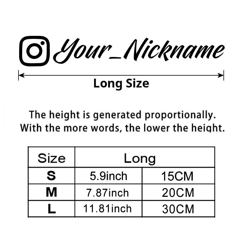 A chart showing the height proportions of a custom name motorcycle helmet decal sticker in sizes S, M, and L with correspondi