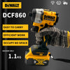 A yellow DeWalt DCF860 brushless impact driver tool being held by a gloved hand.