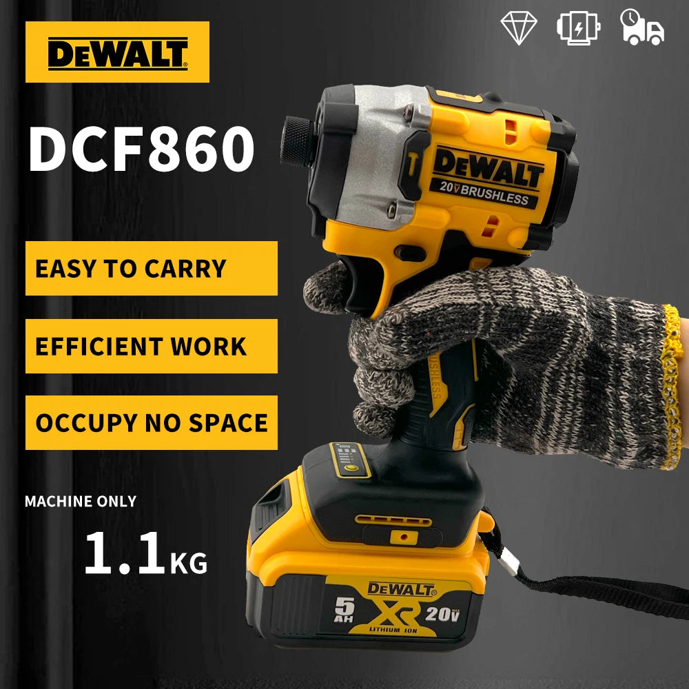 A yellow DeWalt DCF860 brushless impact driver tool being held by a gloved hand.
