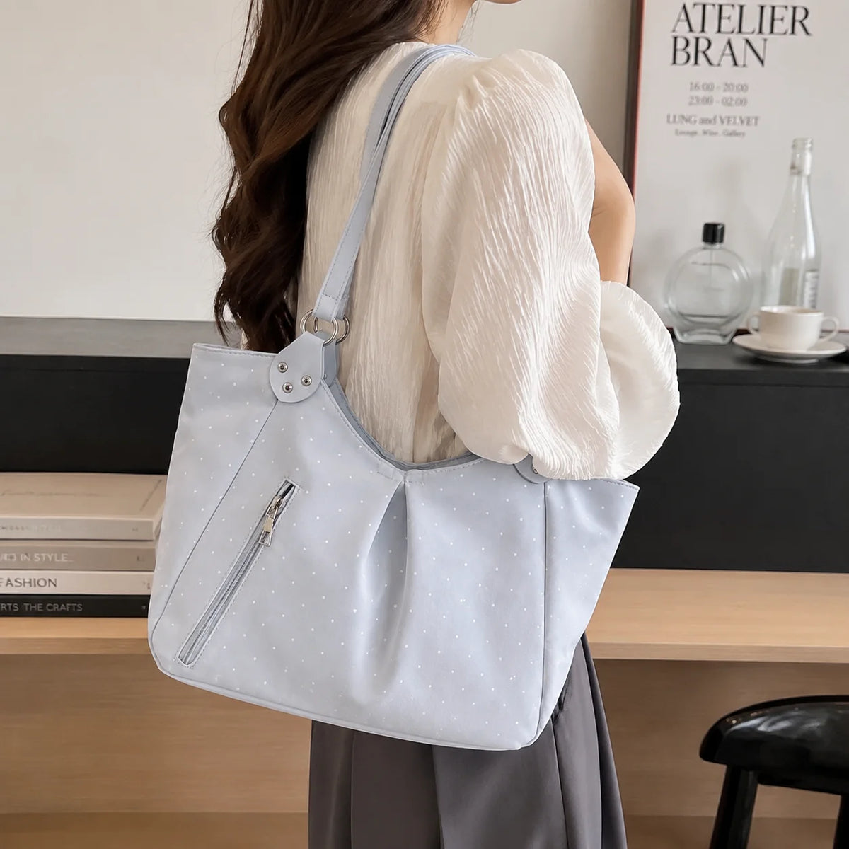 Polka Dot Shoulder Tote Bag with Adjustable Strap