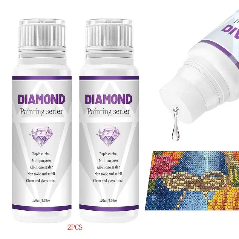 Two bottles of Diamond Painting sealer with a glossy finish and rapid curing properties