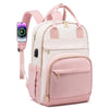 A pink women's anti-theft laptop backpack with a charging cable attached to the strap.