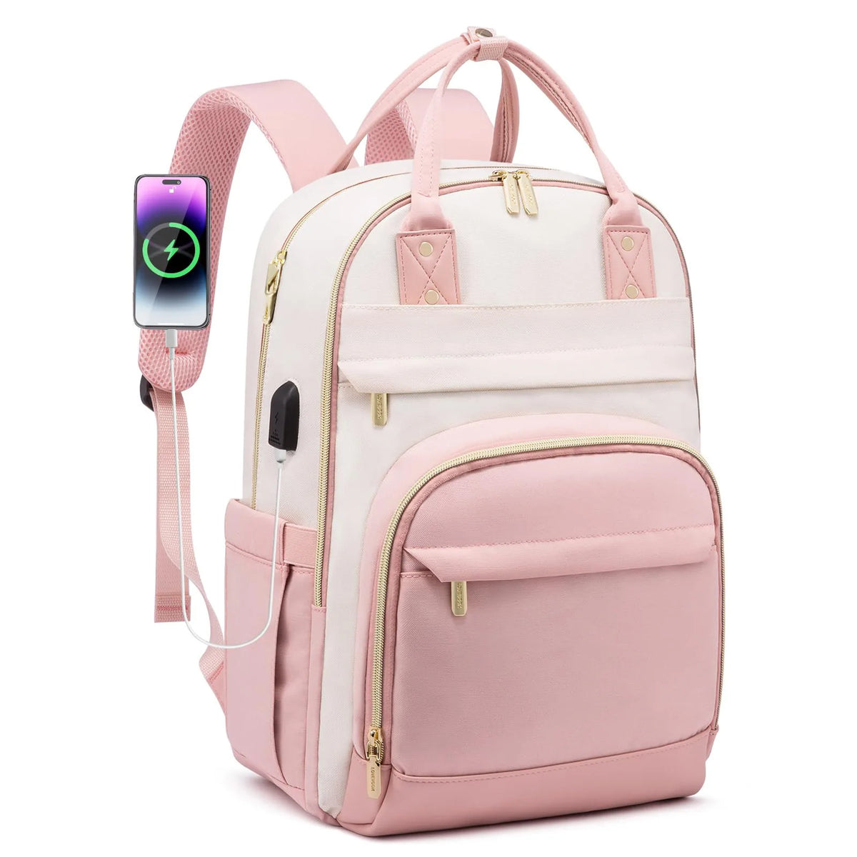 A pink women's anti-theft laptop backpack with a charging cable attached to the strap.