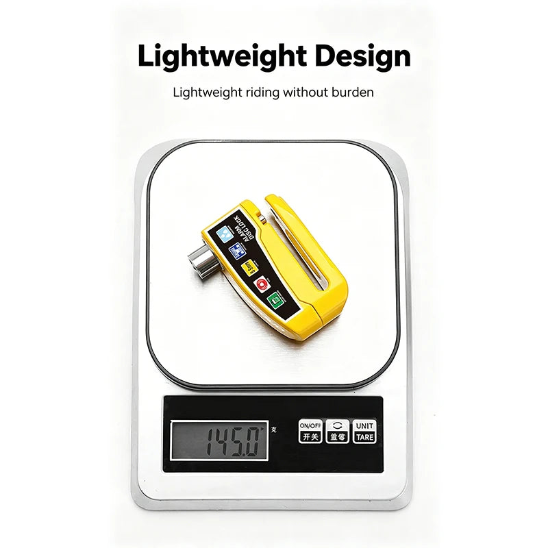 A yellow disc brake lock device with a digital display is shown on a white background.