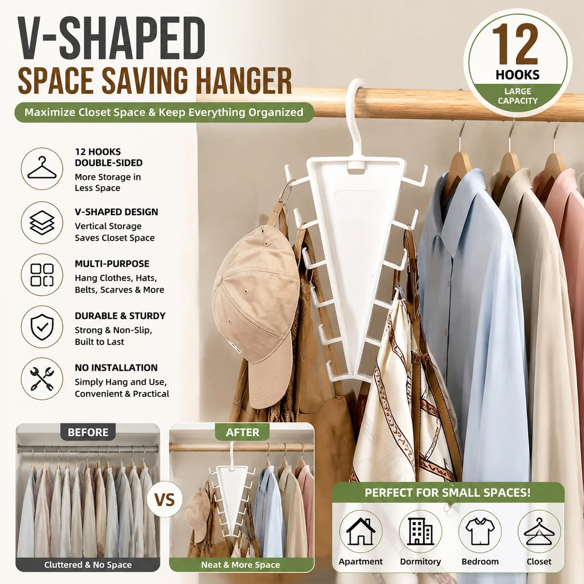 V-shaped space-saving hanger with 12 hooks hanging clothes on a wooden rack