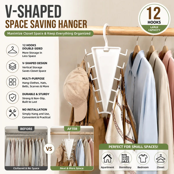 V-shaped space-saving hanger with 12 hooks hanging clothes on a wooden rack