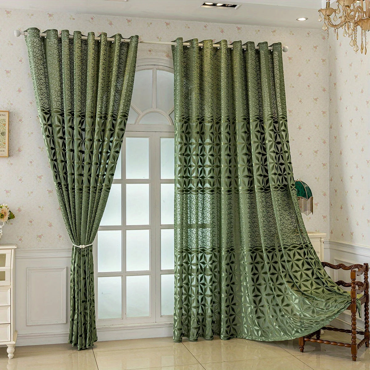 Olive Green Sheer Curtain with Geometric Floral Pattern