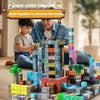 A parent and child build a structure using magnetic building blocks set for creative play.