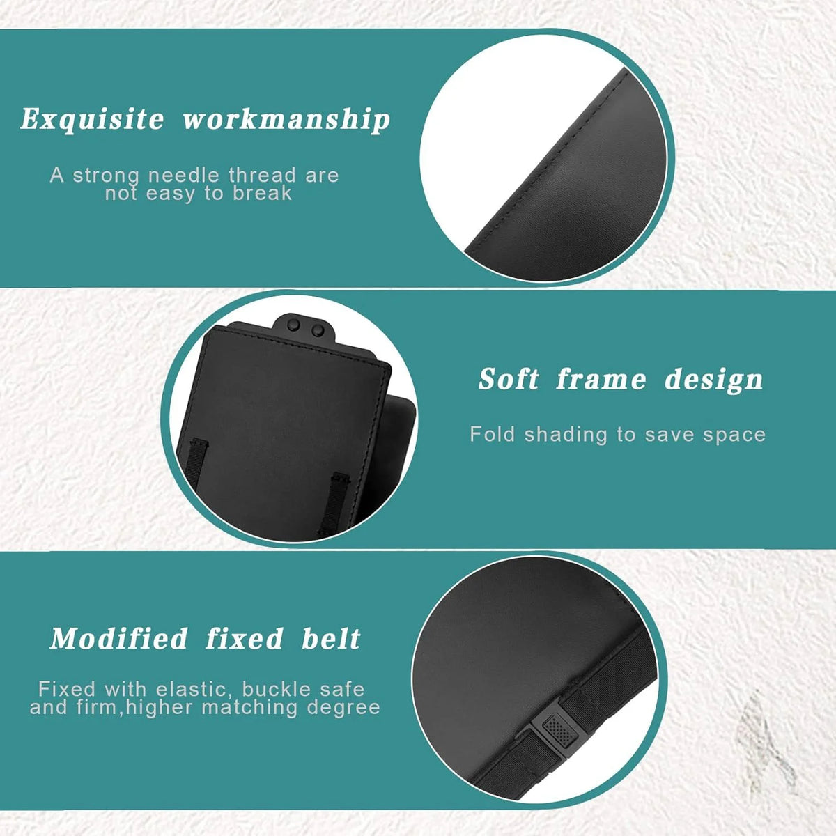 Black fabric sun visor extender with a soft frame design and modified fixed belt.