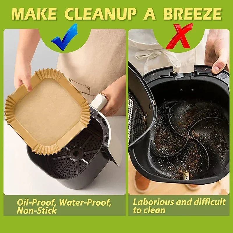 A disposable air fryer liner is shown being used in a black air fryer basket.