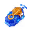 A blue and gold battle spinning top with a metal construction and a clear plastic base.