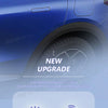 Close-up of a blue car exterior showing a new upgrade feature for soft lighting and vacuum adsorption.