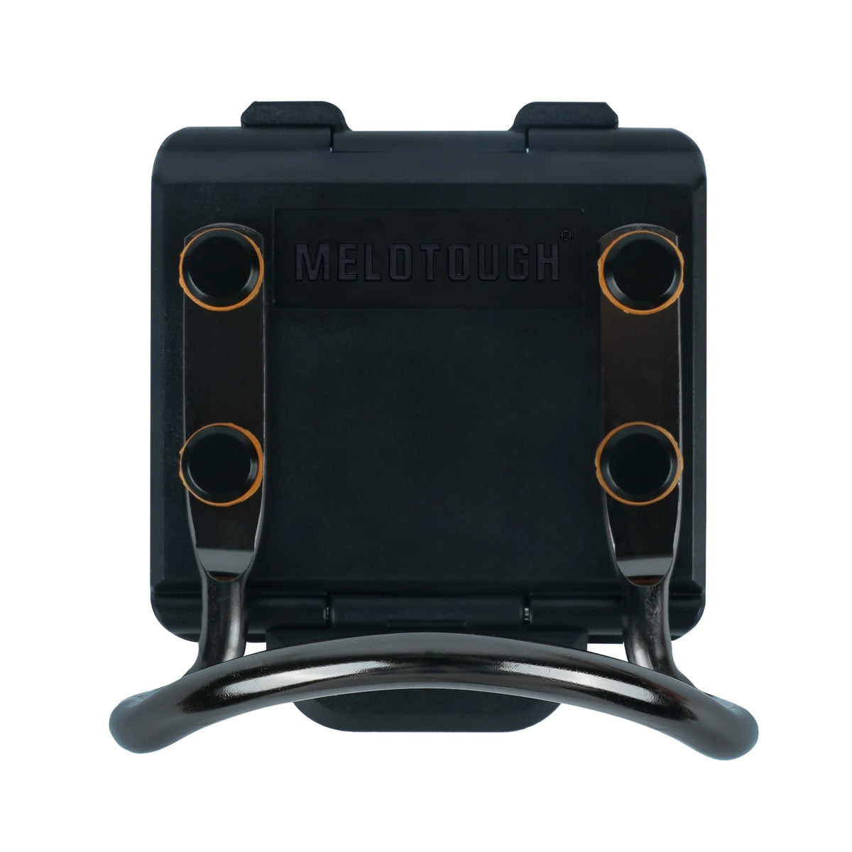 A black durable hammer holder for tool belts with a square body and curved metal arms.