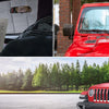 A red Jeep Wrangler is parked at work, with other images showing a person reading and a couple traveling outside.