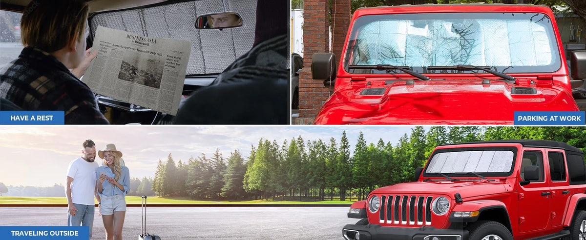 A red Jeep Wrangler is parked at work, with other images showing a person reading and a couple traveling outside.