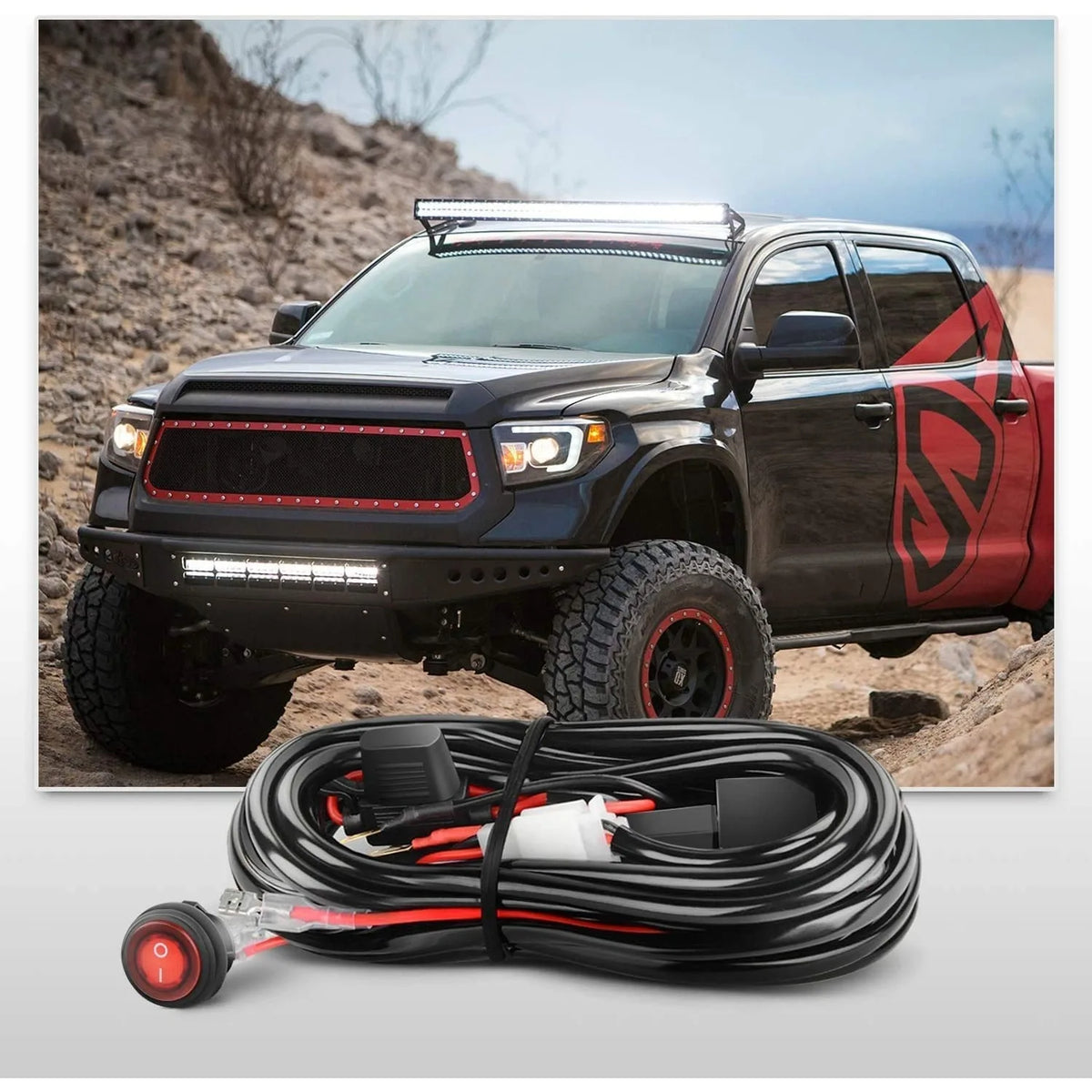 Wiring harness kit for an LED light bar with on/off switch and relay displayed next to a black pickup truck.