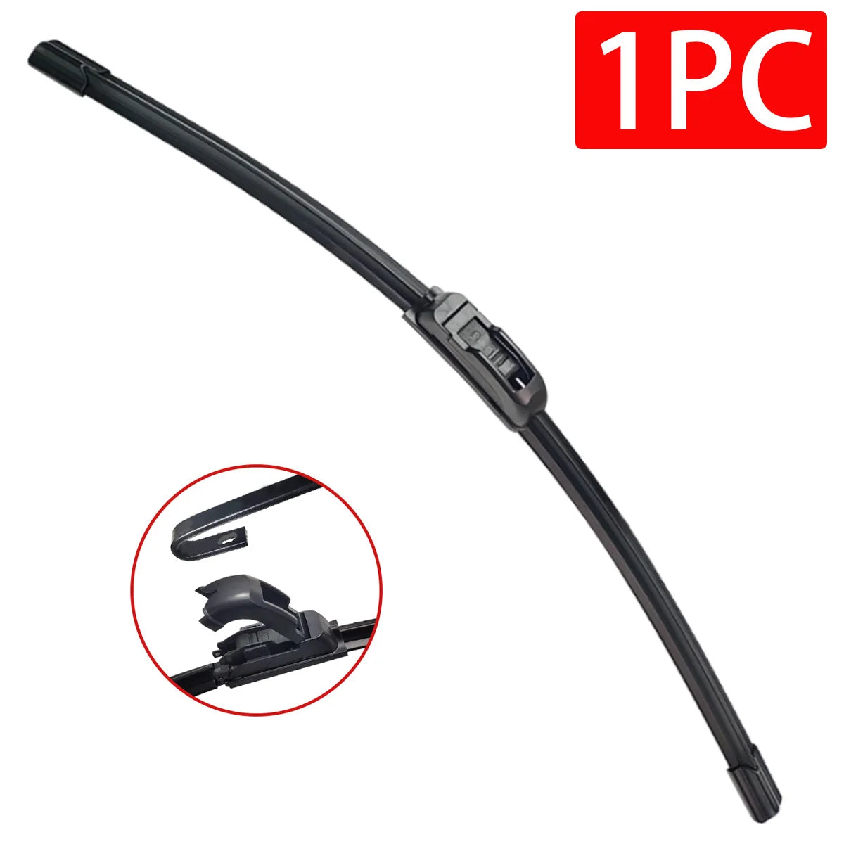 A black universal frameless windshield wiper blade with a J/U hook fit.