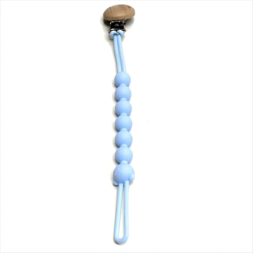 A light blue silicone pacifier clip with an anti-lost chain and a wooden top.