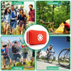 A portable first aid kit in a red hard shell case shown in various outdoor activities like family trips, camping, hiking, and