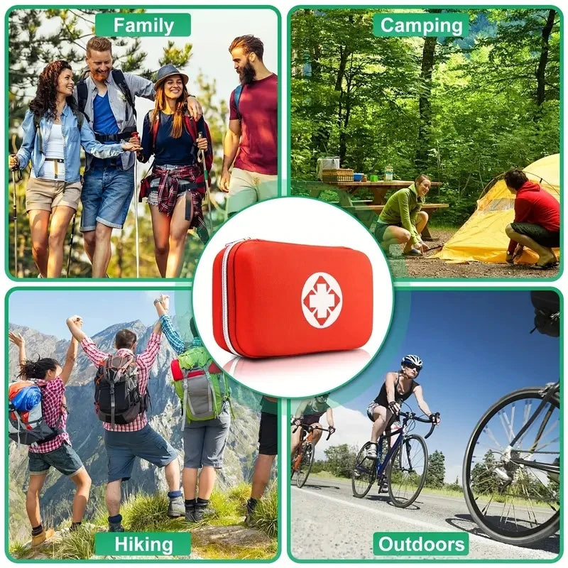 A portable first aid kit in a red hard shell case shown in various outdoor activities like family trips, camping, hiking, and