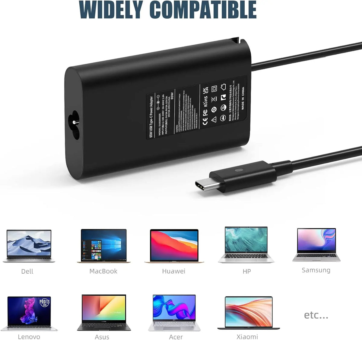 65W USB-C Laptop Charger for Dell Latitude, XPS, and Chromebook