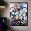 A vertical poster featuring characters from Re:Zero in a colorful anime style with the title and subtitle.