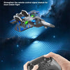 A hand holds a black remote control for an EPP foam RC stunt glider airplane against a dark, starry background.