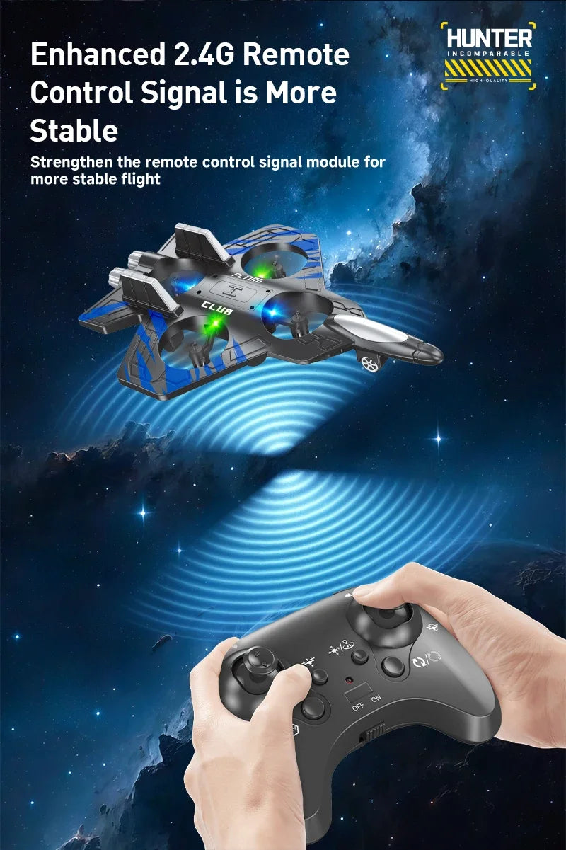 A hand holds a black remote control for an EPP foam RC stunt glider airplane against a dark, starry background.