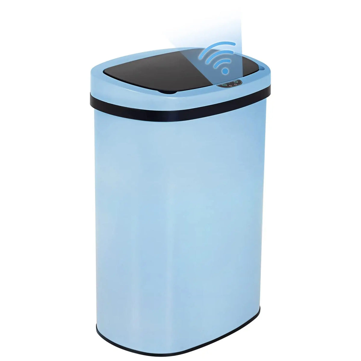 A light blue automatic touchless trash can with a black lid and sensor visible on top.