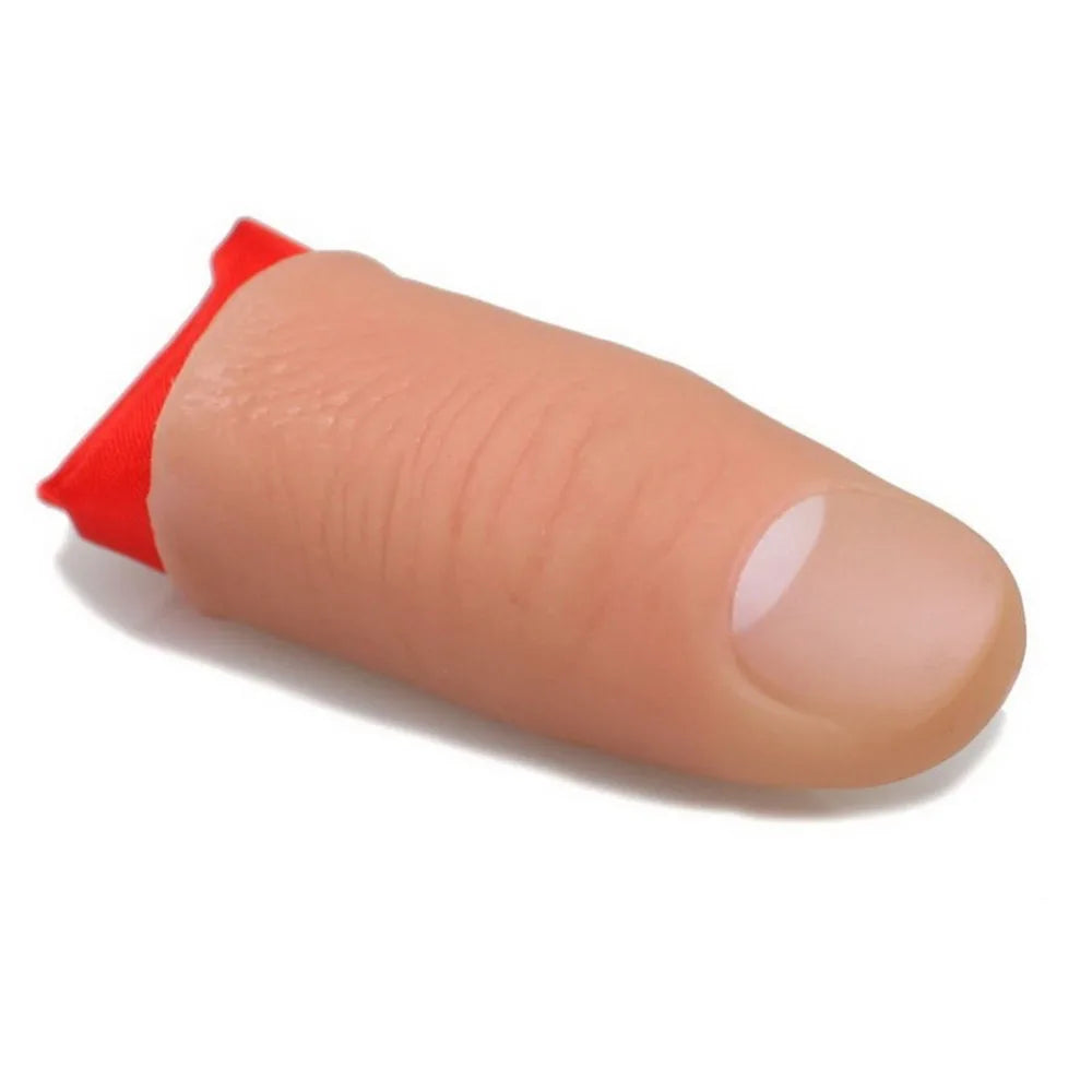 A classic magic thumb tip with a red cap and a smooth, light pink silicone finger model.