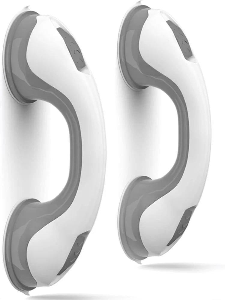 A pair of white vacuum suction grab bars for bathroom safety, shown from the side.