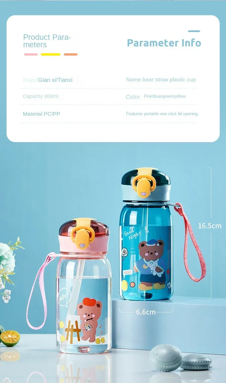 A blue water bottle featuring a bear cartoon design with an orange lid and pink strap, displayed on a white surface.