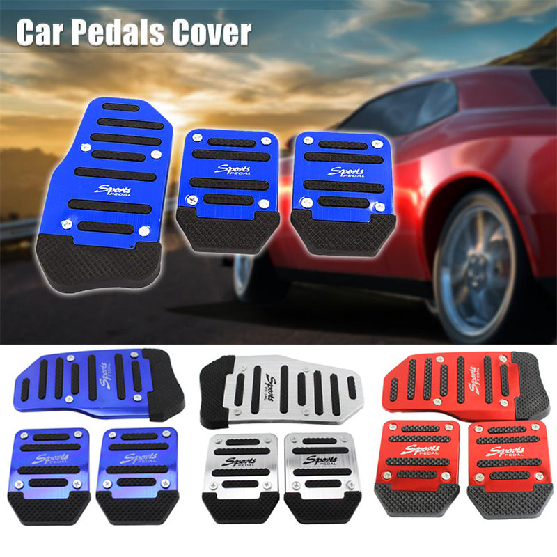 A set of universal car pedal covers in various colors including blue, black, and red, shown next to a red sports car.