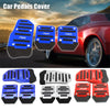 A set of universal car pedal covers in various colors and designs shown next to a red sports car.
