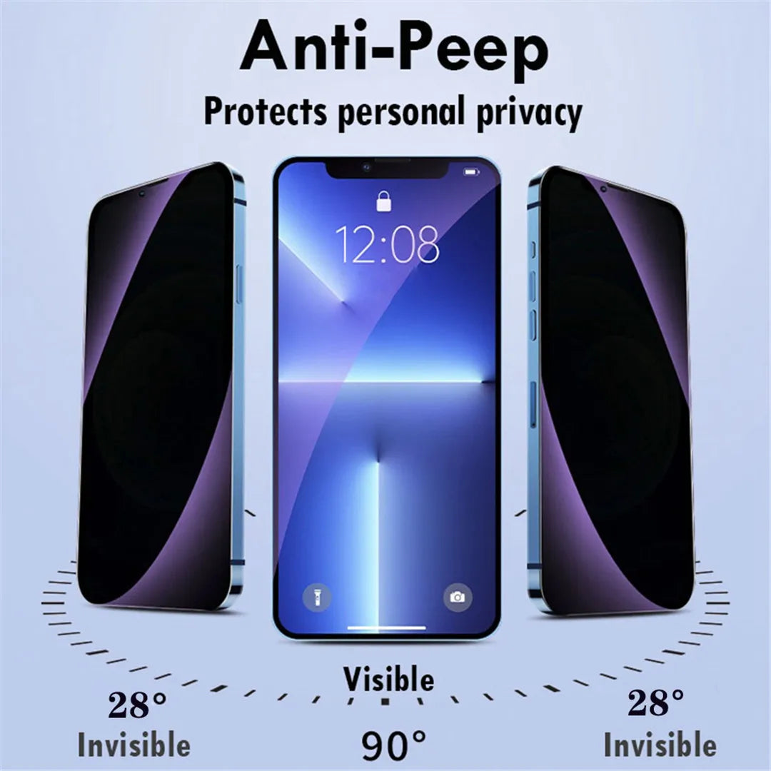 Anti-Peep screen protector demonstrating privacy protection at 28 degrees visible and invisible angles.